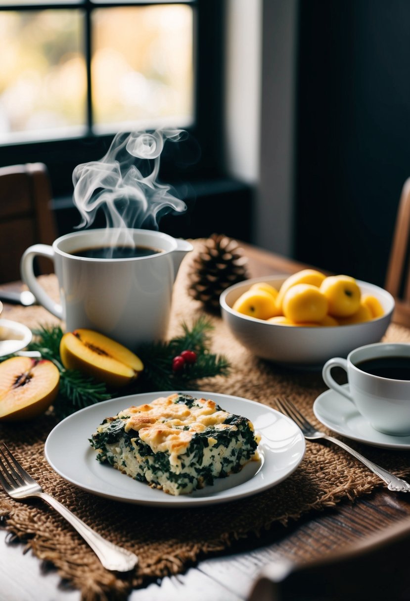 A festive table set with a spinach and feta strata, fresh fruit, and a steaming pot of coffee. A cozy holiday morning