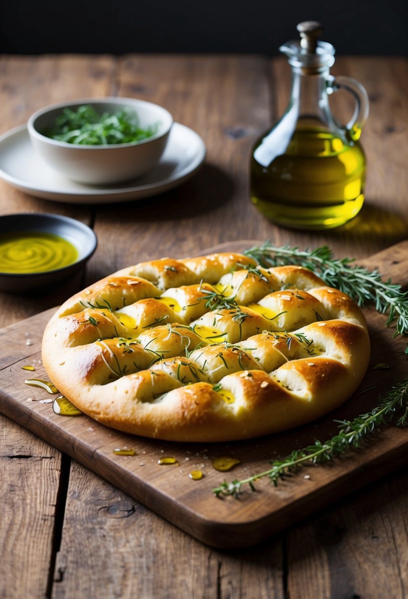 A rustic wooden table with a freshly baked savory focaccia topped with fragrant herbs and drizzled with olive oil