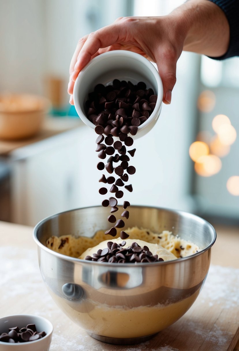 A bread maker pouring chocolate chips into a mixing bowl of dough