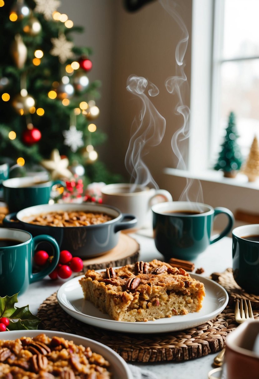 A cozy kitchen scene with a festive table setting featuring a Maple Pecan Oatmeal Bake surrounded by holiday decorations and steaming mugs of coffee