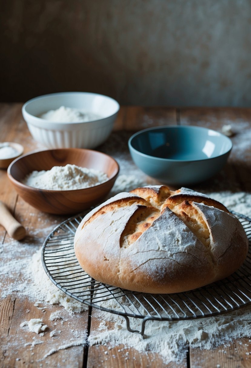 A rustic kitchen with a wooden table covered in flour, a bowl of dough, and a freshly baked crusty Pane di Altamura bread cooling on a wire rack