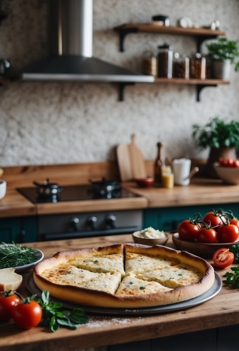 A rustic kitchen counter with freshly baked sfincione, surrounded by ingredients like tomatoes, cheese, and herbs. A warm, inviting atmosphere with a traditional Italian feel