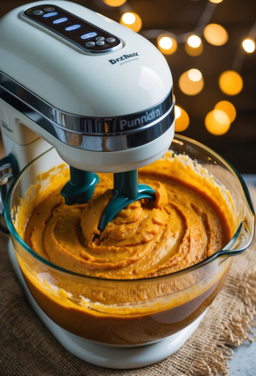 A breadmaker mixing pumpkin bread batter