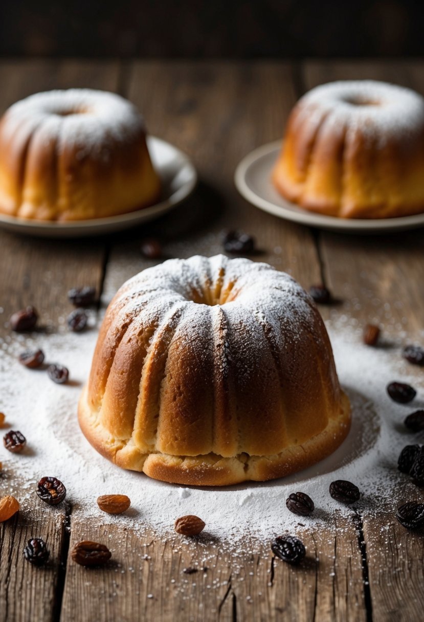 A fresh, golden-brown panettone sits on a rustic wooden table, surrounded by scattered raisins and a dusting of powdered sugar