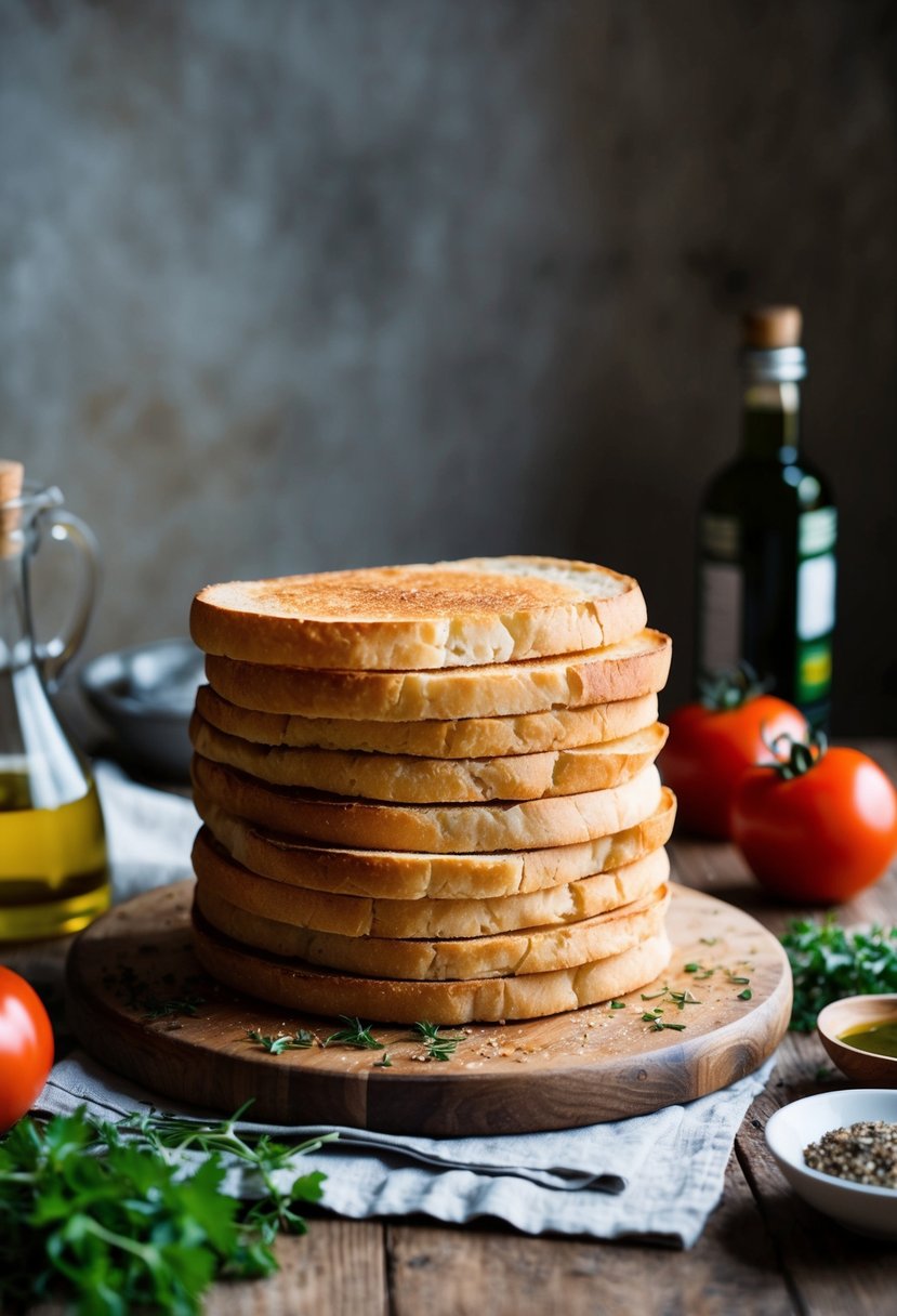 A rustic kitchen table with a stack of golden-brown, crispy Pane Carasau bread, surrounded by fresh ingredients like tomatoes, olive oil, and herbs