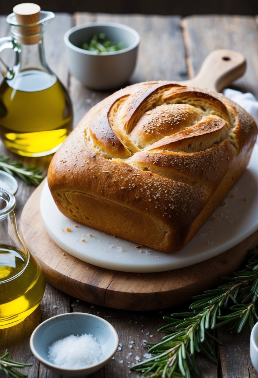 A rustic kitchen table with a freshly baked loaf of Pane Toscano, surrounded by ingredients like olive oil, rosemary, and sea salt