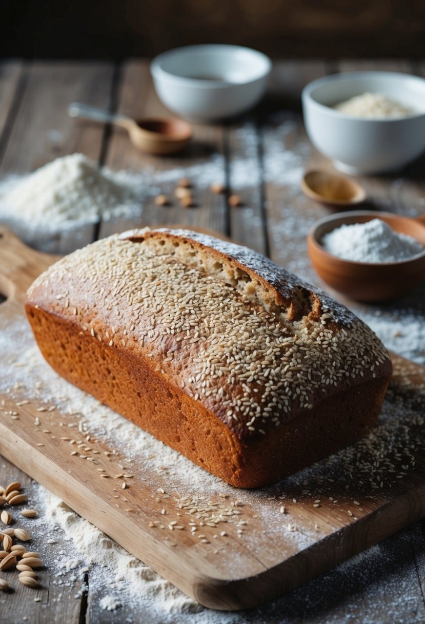 A rustic kitchen counter with a freshly baked loaf of seeded semolina bread, surrounded by scattered ingredients and a flour-dusted wooden surface