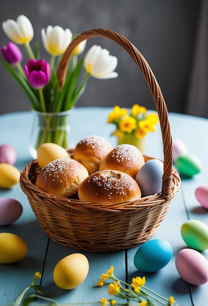 A table set with a woven basket of sweet Italian Easter bread surrounded by colorful dyed eggs and fresh spring flowers