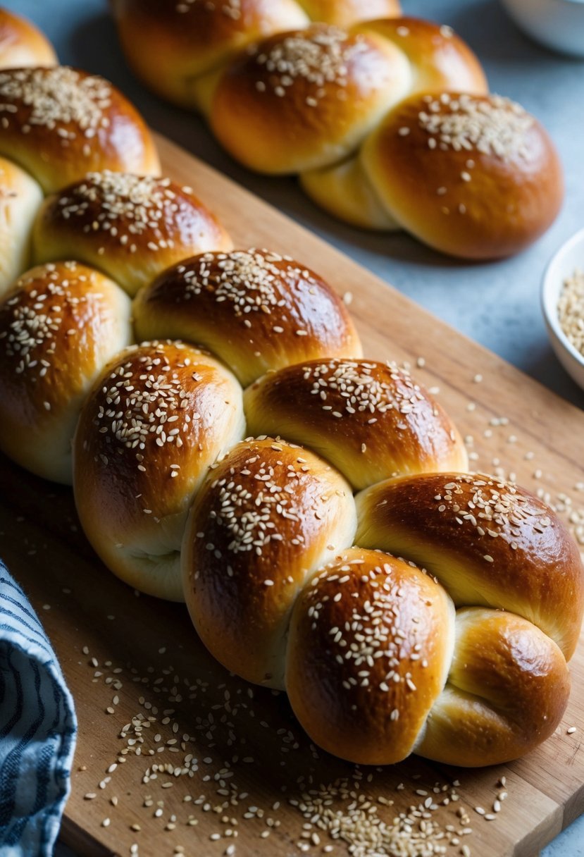 A golden-brown braided challah loaf sprinkled with sesame seeds