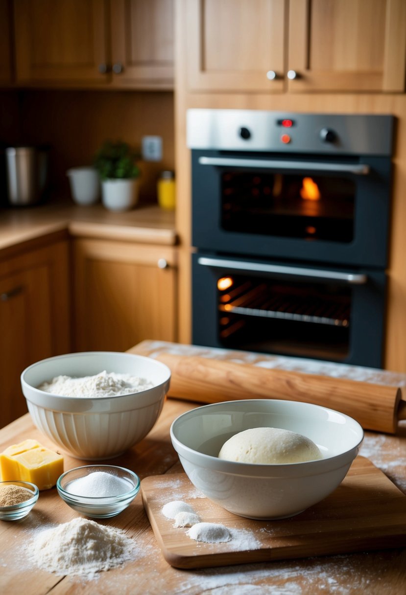 A wooden table with ingredients like flour, sugar, and yeast. A mixing bowl with dough and a rolling pin. A warm oven in the background