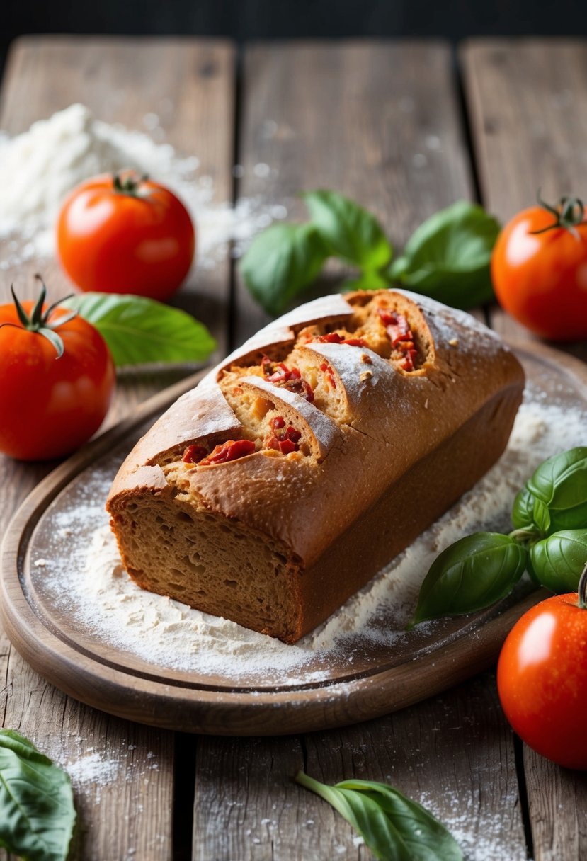 A loaf of sun-dried tomato bread sits on a rustic wooden table, surrounded by fresh tomatoes, basil leaves, and a scattering of flour