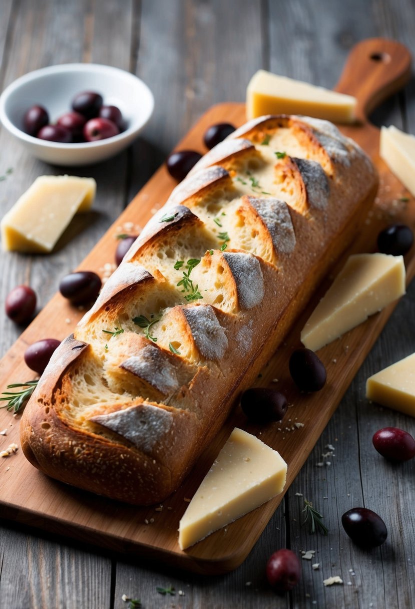 A rustic loaf of olive and Parmesan bread sits on a wooden cutting board, surrounded by scattered olives and wedges of Parmesan cheese