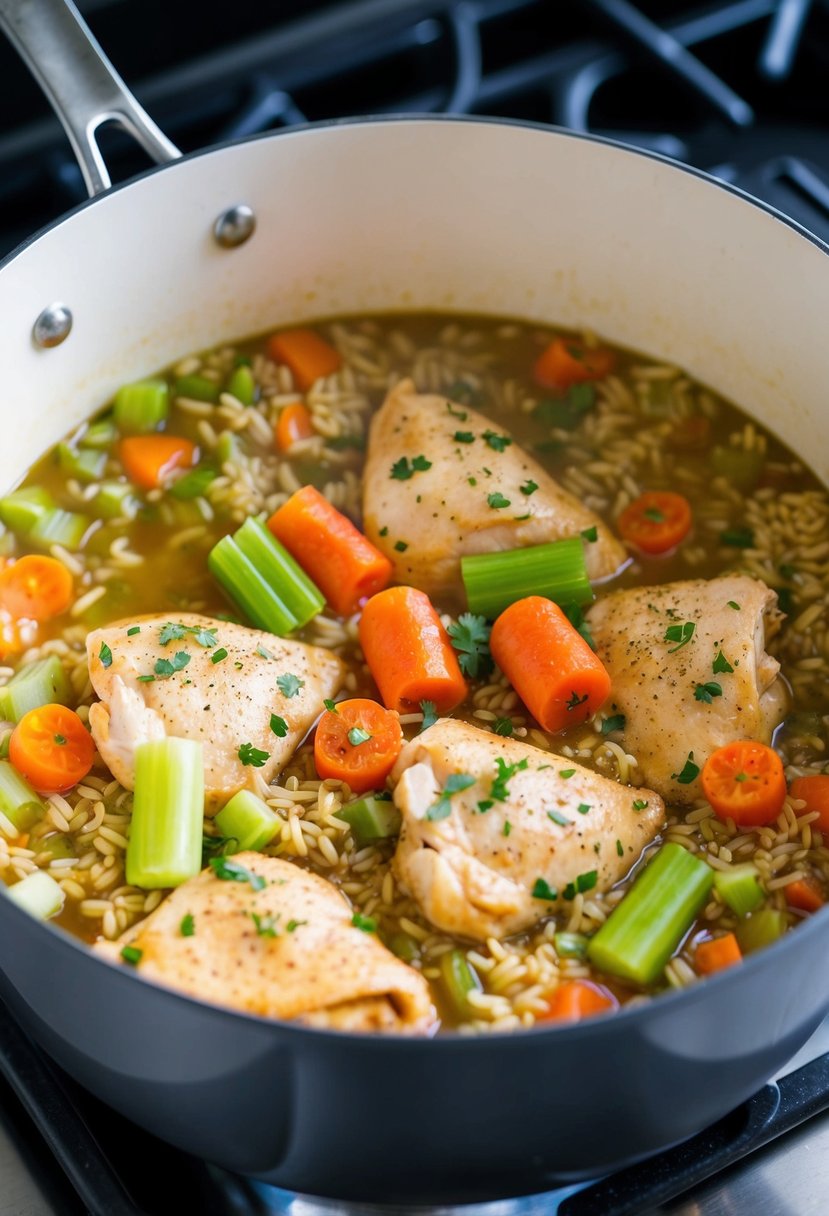 A bubbling pot of chicken, brown rice, celery, and carrots simmering on a stovetop