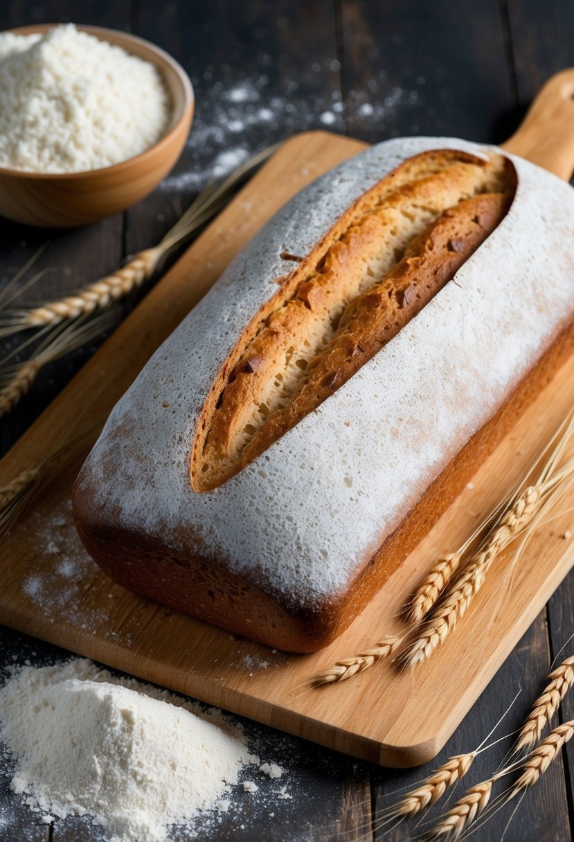 A rustic whole wheat Italian loaf sits on a wooden cutting board, surrounded by scattered flour and a few scattered grains of wheat