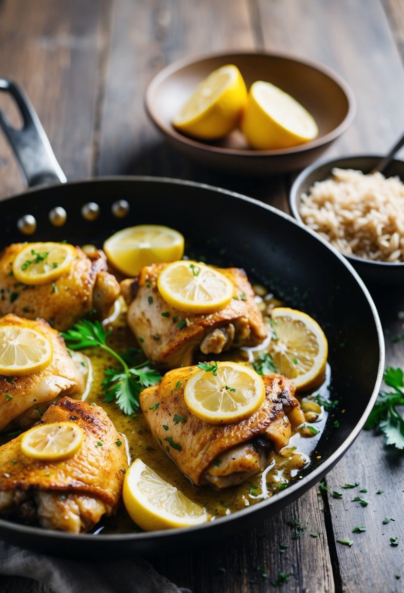 A sizzling skillet of garlic and lemon chicken thighs served with steaming brown rice in a rustic bowl