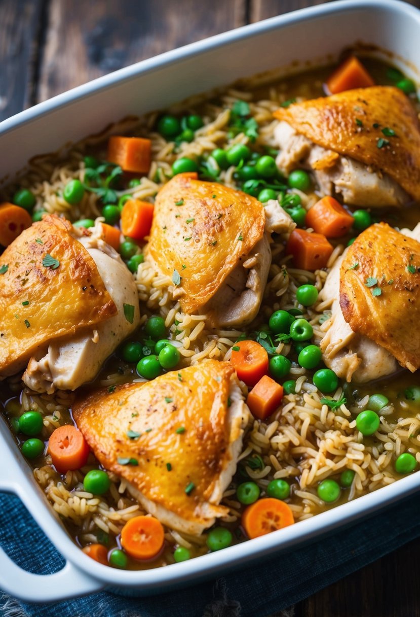 A bubbling casserole dish filled with chicken, brown rice, carrots, and peas, sitting on a rustic wooden table