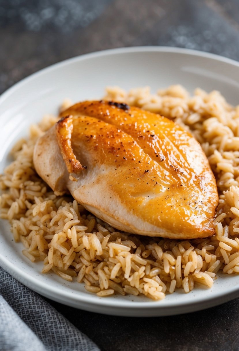 A golden-brown chicken breast sits atop a bed of fluffy, perfectly cooked brown rice on a white ceramic plate