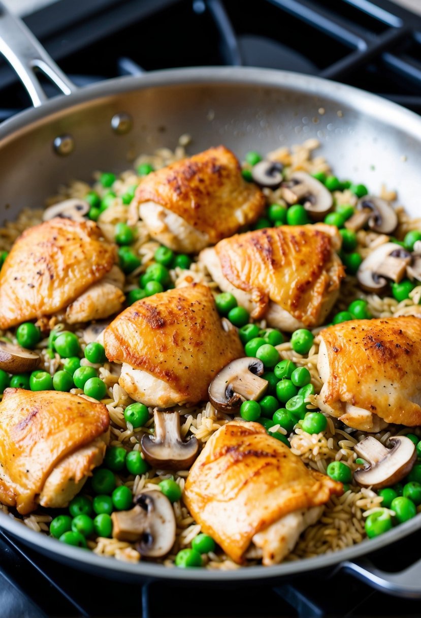 A sizzling skillet with chicken, brown rice, mushrooms, and peas cooking together over a stovetop