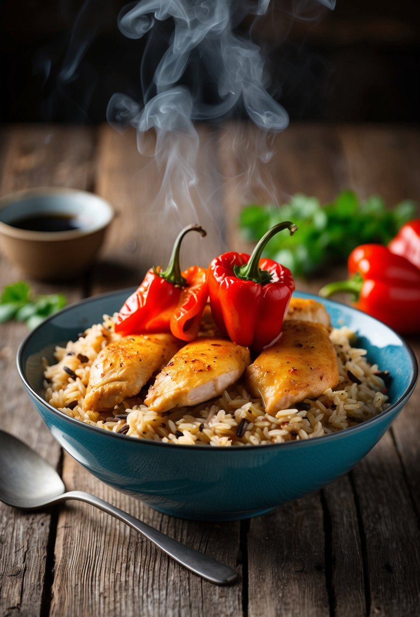 A steaming bowl of chicken and brown rice topped with roasted red peppers sits on a rustic wooden table