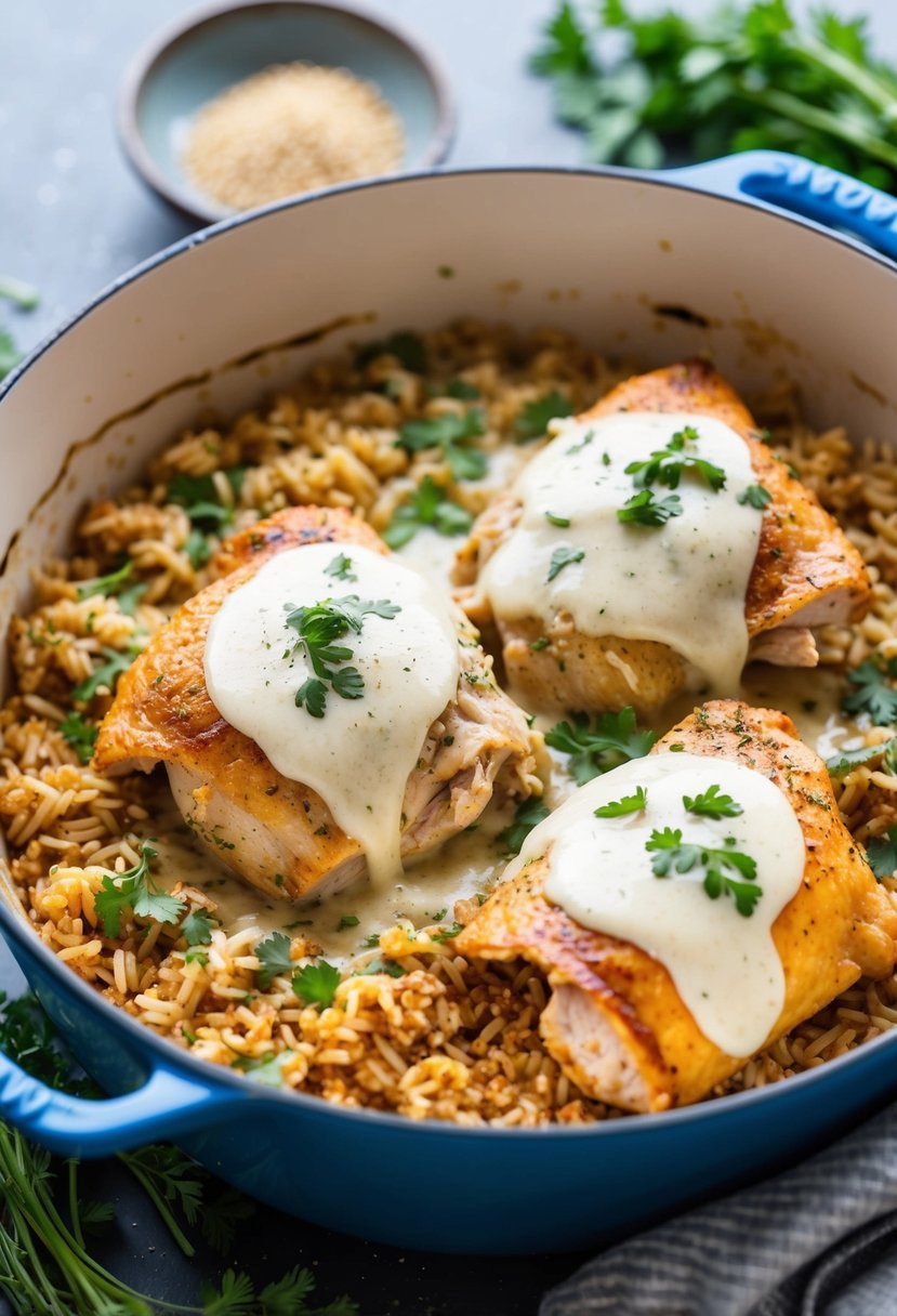 A bubbling casserole dish of chicken and brown rice, topped with a creamy parmesan sauce, surrounded by fresh herbs and spices