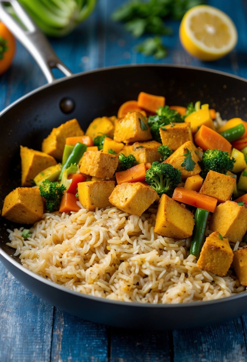 A sizzling skillet with chunks of spicy curried chicken, mixed with fluffy brown rice, and vibrant colorful vegetables