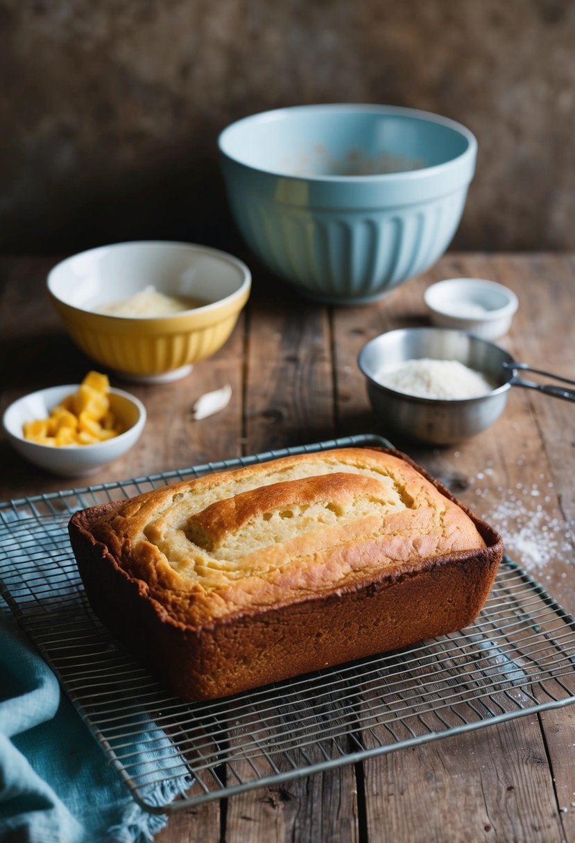 A rustic kitchen table with a freshly baked buttermilk sweet bread cooling on a wire rack, surrounded by scattered ingredients and a vintage mixing bowl