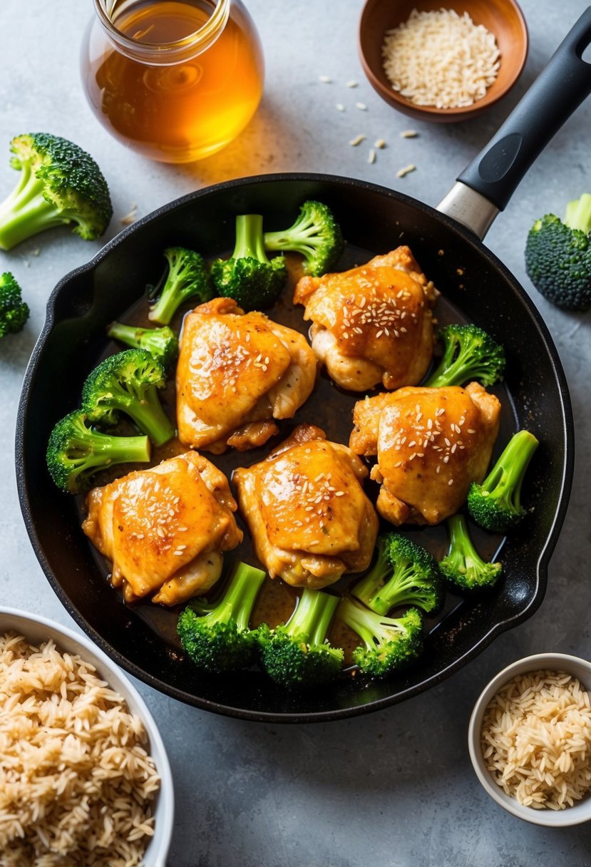 A sizzling skillet of honey garlic chicken surrounded by vibrant green broccoli florets and fluffy brown rice