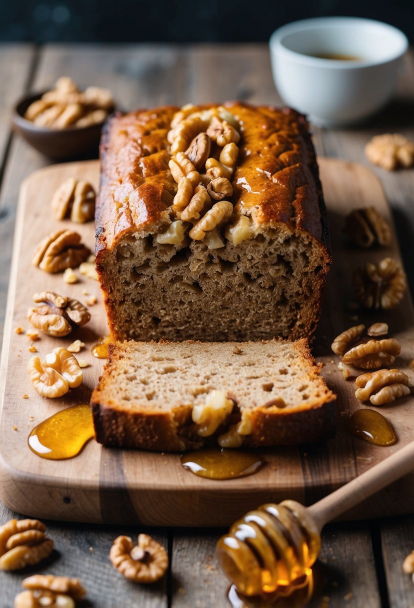 A fresh loaf of walnut honey bread sits on a rustic wooden cutting board, surrounded by scattered walnuts and a drizzle of honey