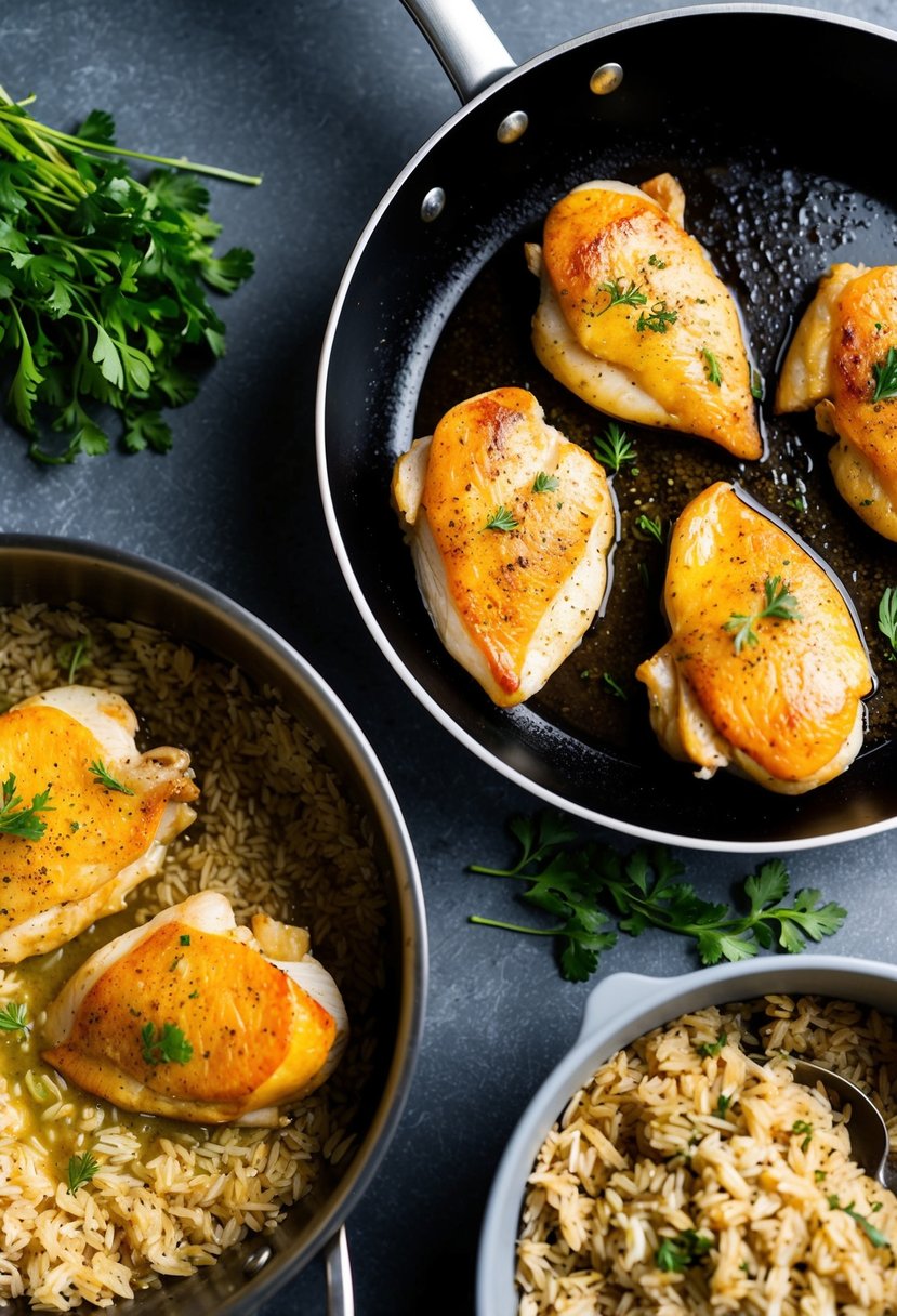 Golden chicken breasts sizzling in a pan next to a steaming pot of herbed brown rice