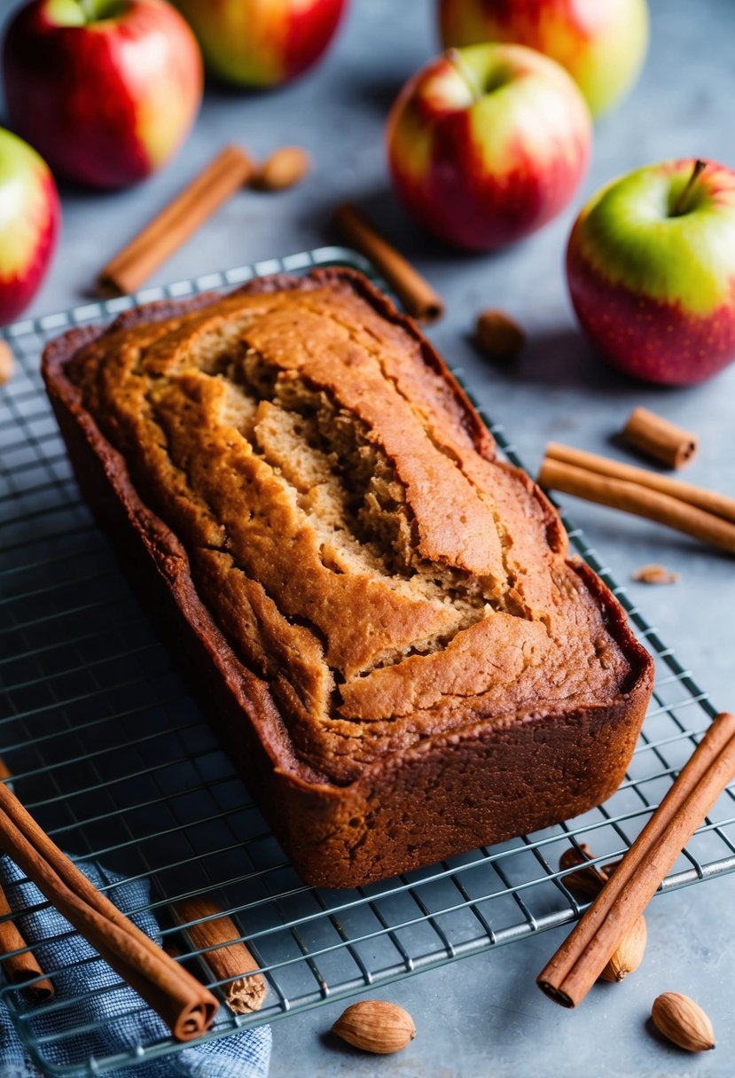 A warm loaf of apple cinnamon quick bread cooling on a wire rack, surrounded by scattered cinnamon sticks and fresh apples