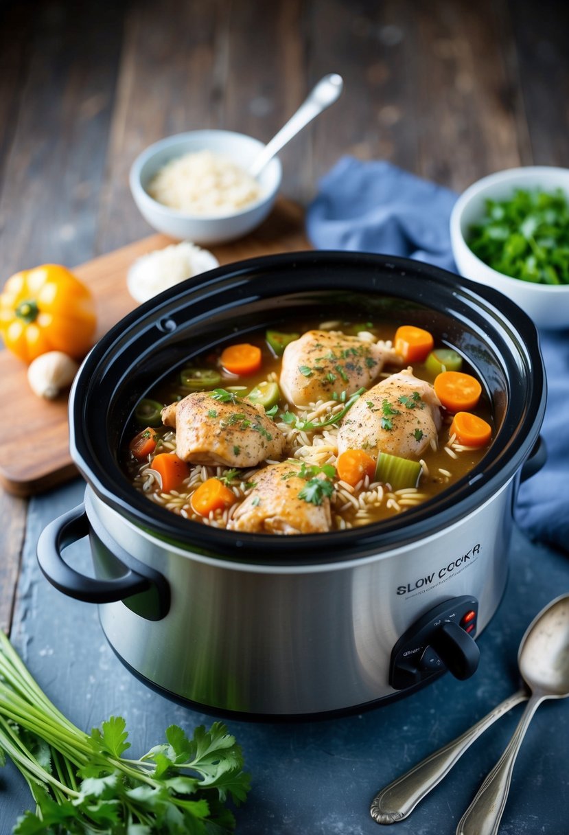 A slow cooker filled with chicken, brown rice, and vegetables simmering in a savory broth