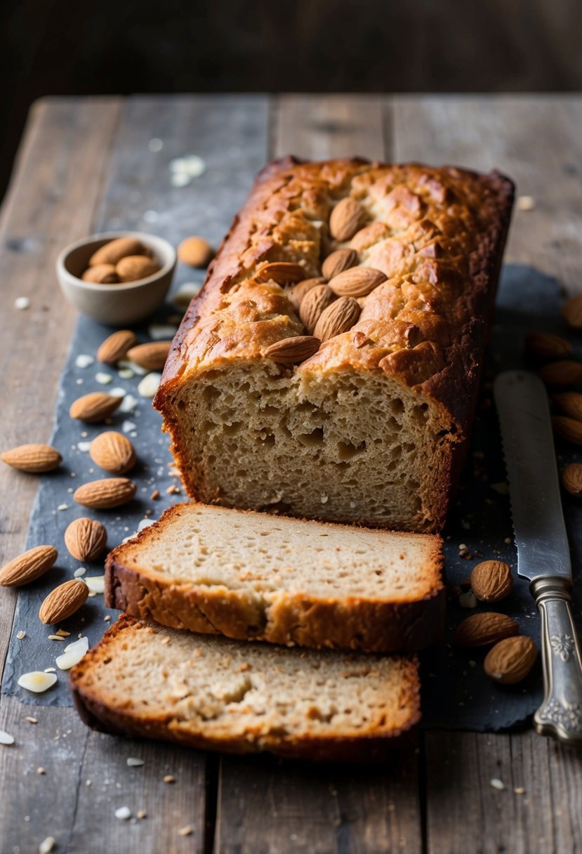 A rustic kitchen table adorned with a freshly baked loaf of sweet almond bread, surrounded by scattered almonds and a vintage bread knife