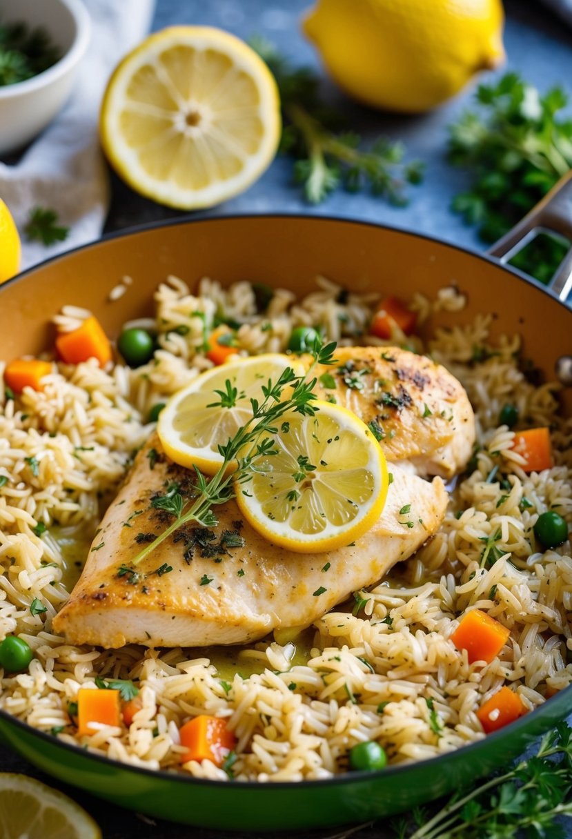 A sizzling lemon thyme chicken breast rests on a bed of fluffy brown rice pilaf, garnished with fresh herbs and surrounded by colorful vegetables