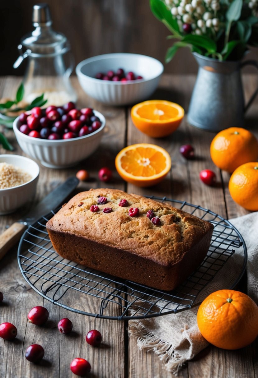 A rustic kitchen with a wooden table set with fresh cranberries, oranges, and baking ingredients, with a loaf of cranberry orange bread cooling on a wire rack