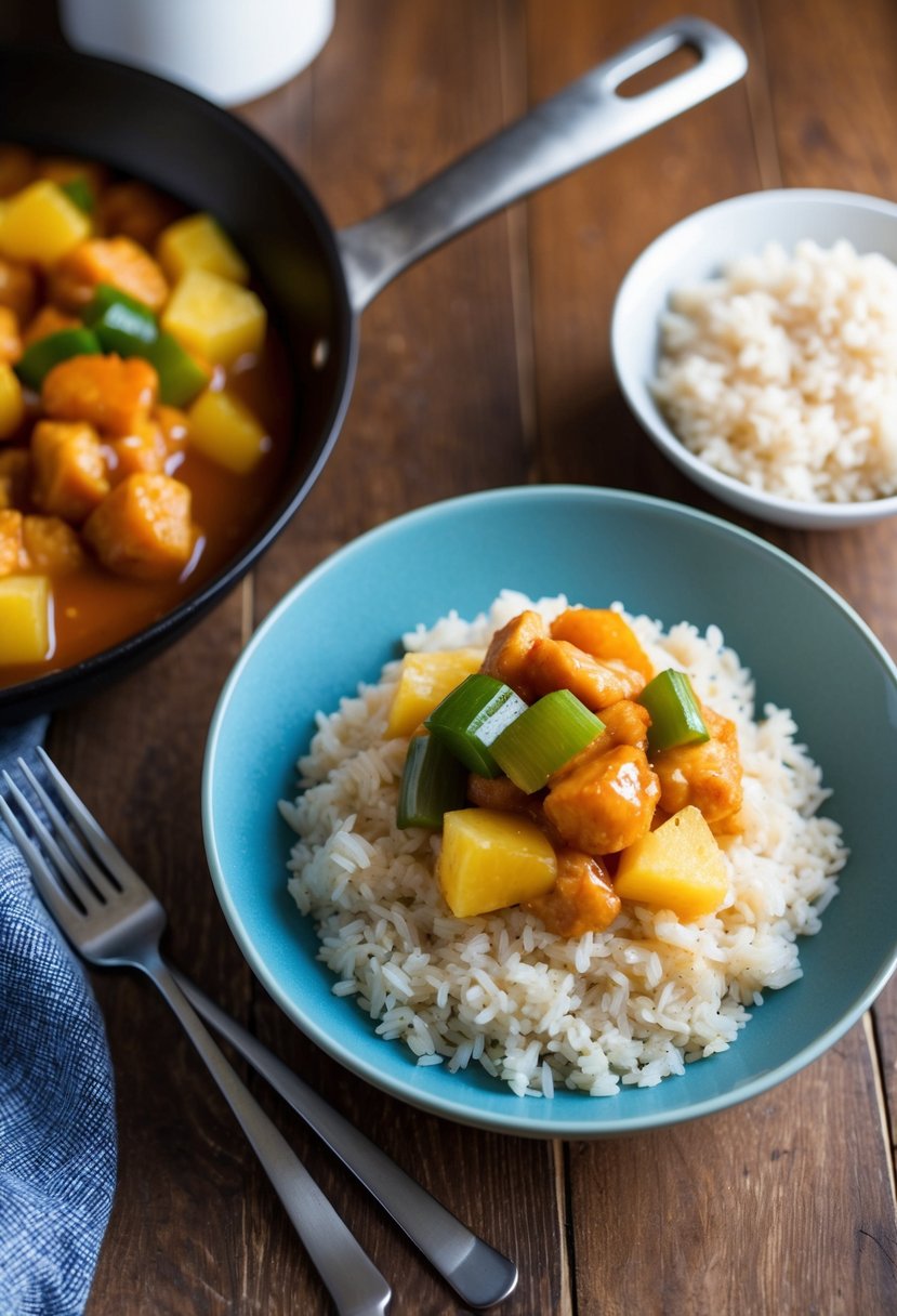 A sizzling skillet of sweet and sour chicken with pineapple, served alongside a steaming bowl of fluffy brown rice