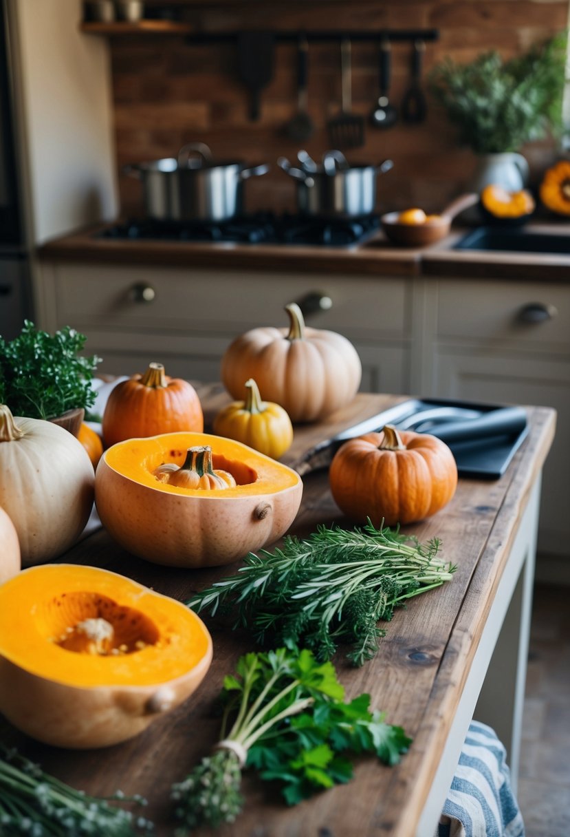 A rustic kitchen table with assorted butternut squash, herbs, and cooking utensils