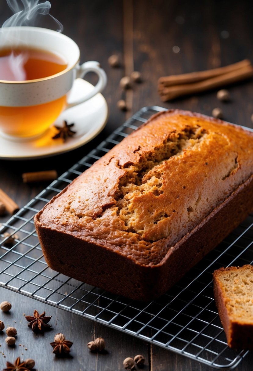 A warm loaf of chai spiced sweet bread cooling on a wire rack, surrounded by scattered whole spices and a steaming cup of tea