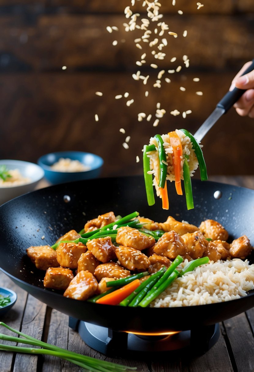 A sizzling wok with sesame chicken, stir-fried vegetables, and fluffy brown rice