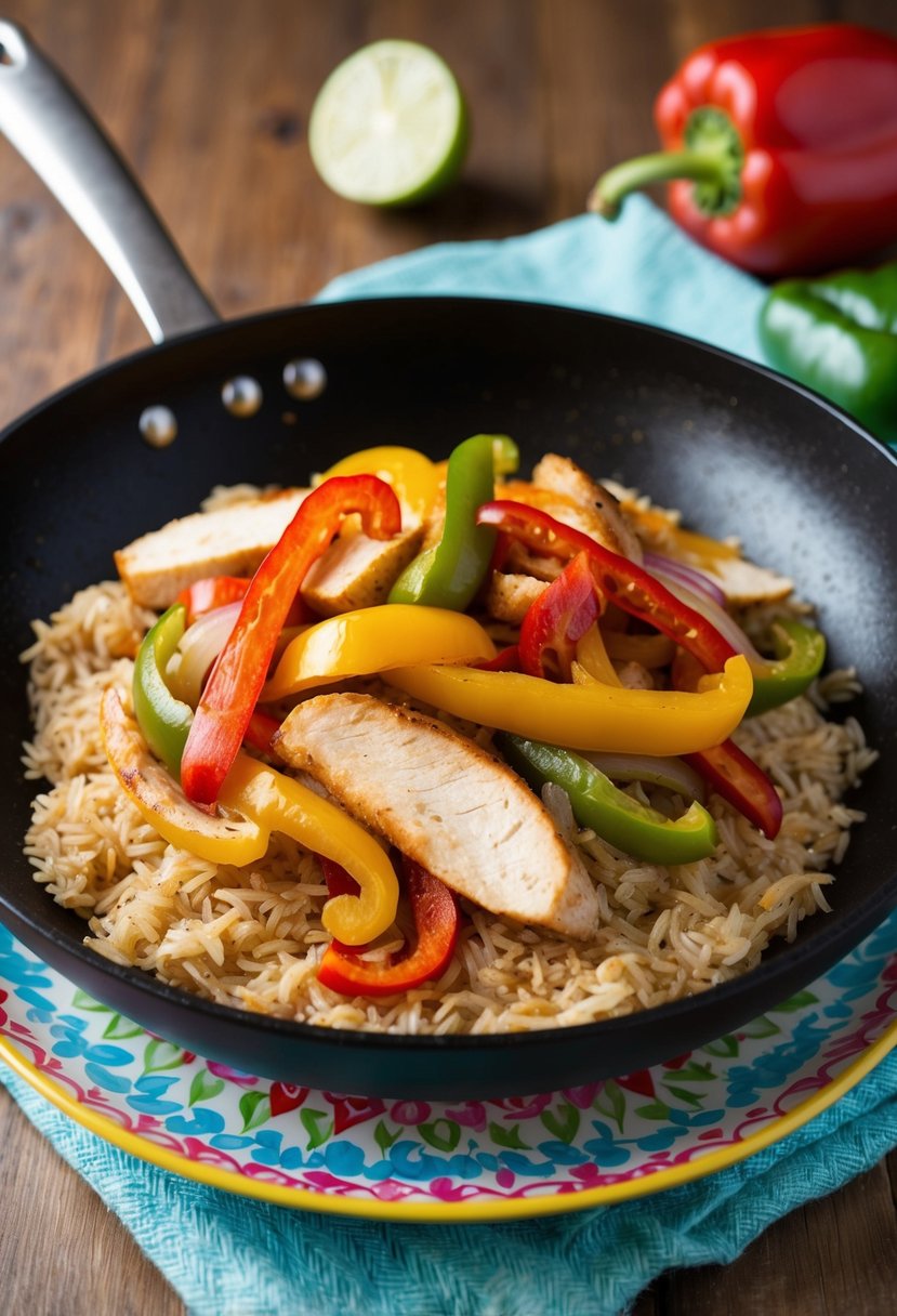 A sizzling skillet of chicken fajita slices, bell peppers, and onions, served over a bed of fluffy brown rice in a colorful bowl