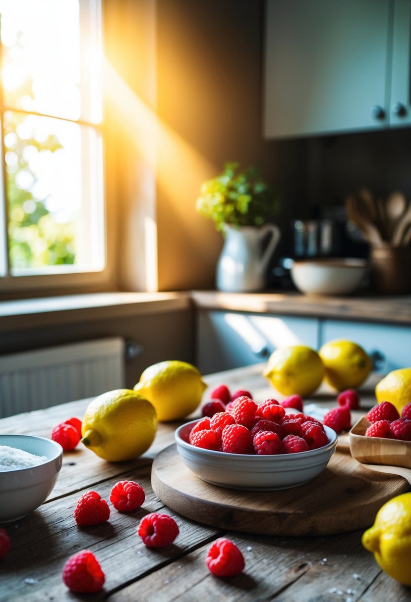 A rustic kitchen with fresh raspberries, lemons, and baking ingredients scattered on a wooden table. Sunlight streams through a window, casting a warm glow on the scene