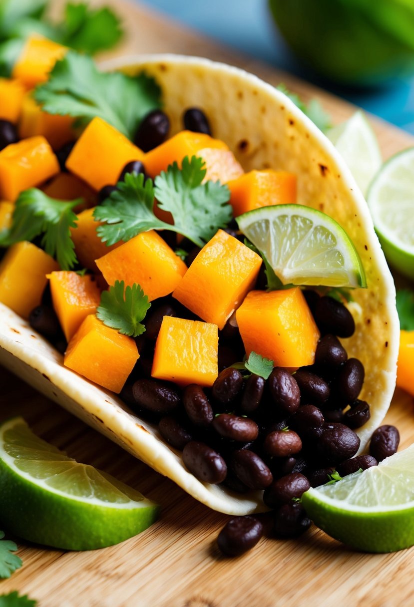 A colorful array of diced butternut squash and black beans spilling out of a taco shell, topped with vibrant cilantro and lime wedges