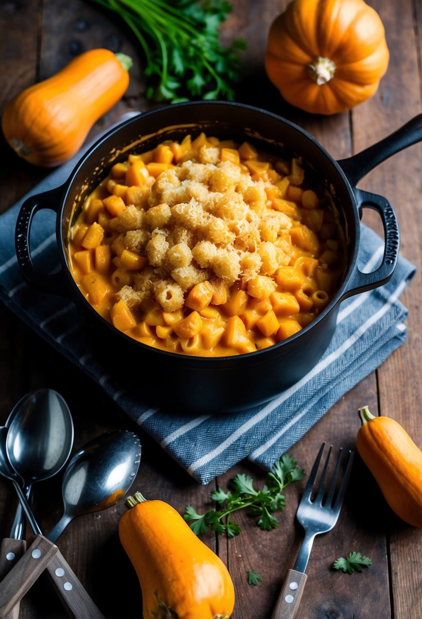 A rustic kitchen with a bubbling pot of butternut squash mac and cheese, surrounded by fresh butternut squash and cooking utensils