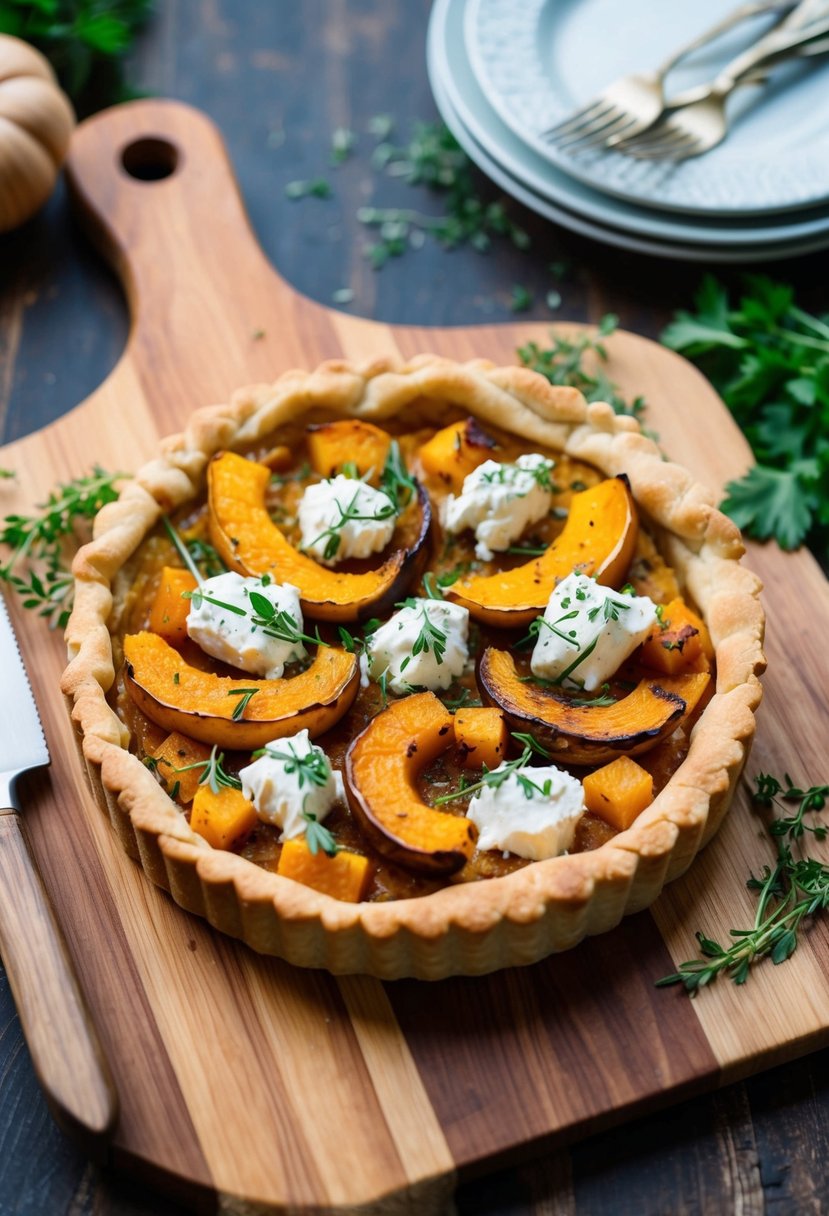 A rustic tart filled with roasted butternut squash, creamy goat cheese, and a sprinkle of fresh herbs, set on a wooden cutting board