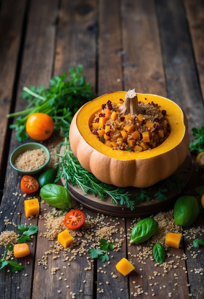 A rustic wooden table with a stuffed butternut squash centerpiece surrounded by scattered quinoa, fresh herbs, and colorful vegetables