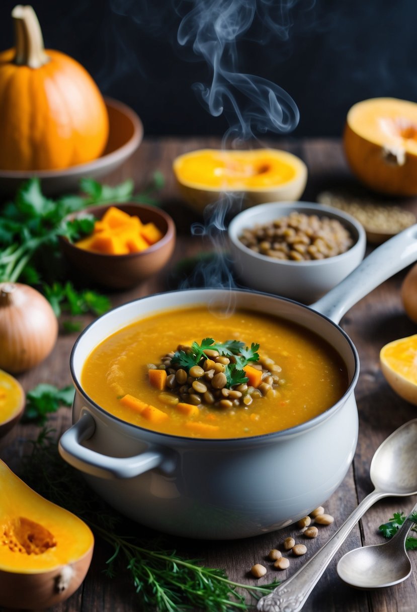 A steaming pot of butternut squash and lentil soup surrounded by fresh ingredients and a rustic bowl