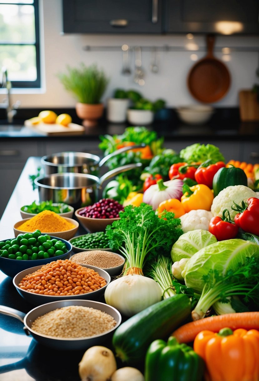 A colorful array of fresh vegetables, grains, and beans arranged on a kitchen counter, with pots and pans nearby