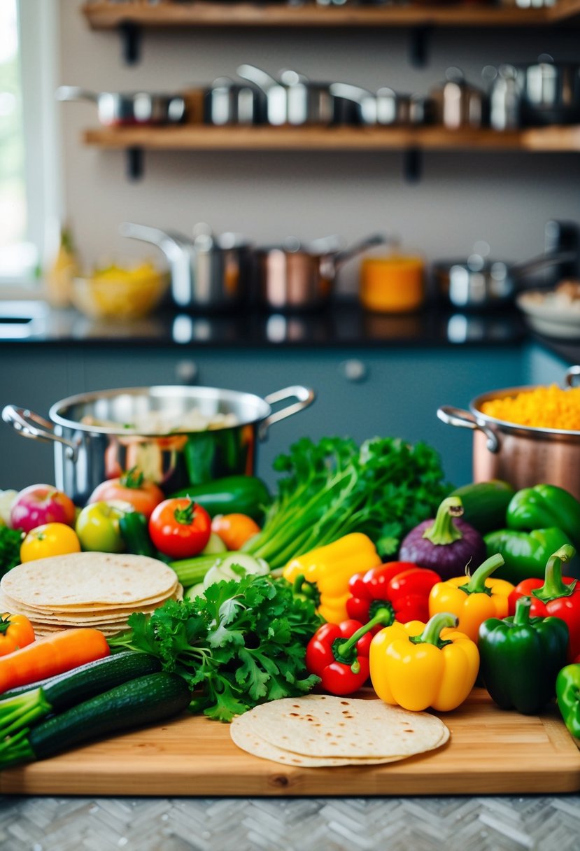 A colorful array of fresh vegetables and tortillas arranged on a kitchen counter, with pots and pans in the background