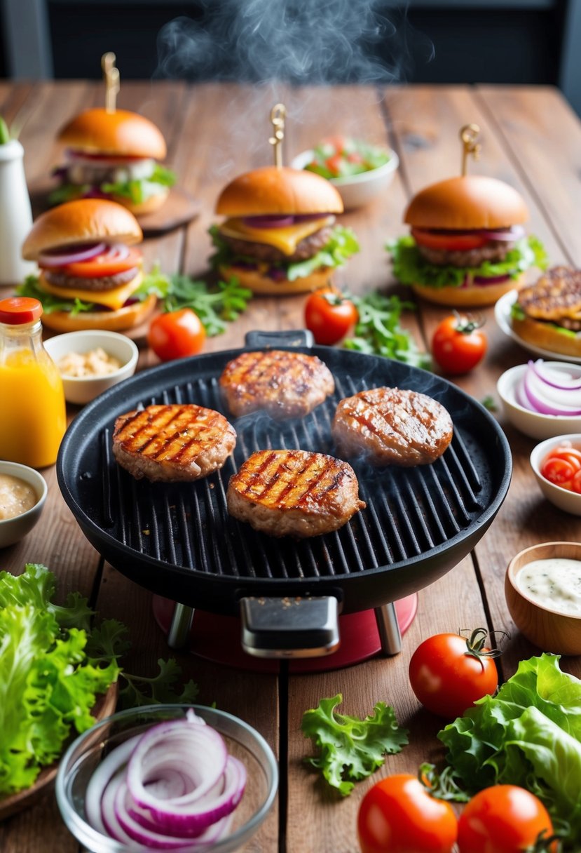 A sizzling grill with various burger ingredients laid out on a wooden table surrounded by fresh lettuce, tomatoes, onions, and condiments