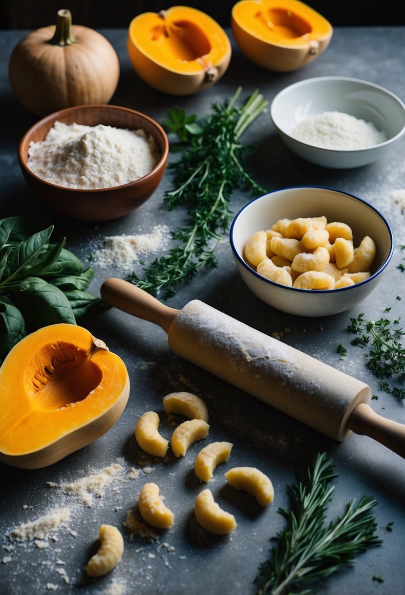 A rustic kitchen counter with fresh butternut squash, flour, and herbs scattered around, a rolling pin and a bowl of gnocchi dough being kneaded