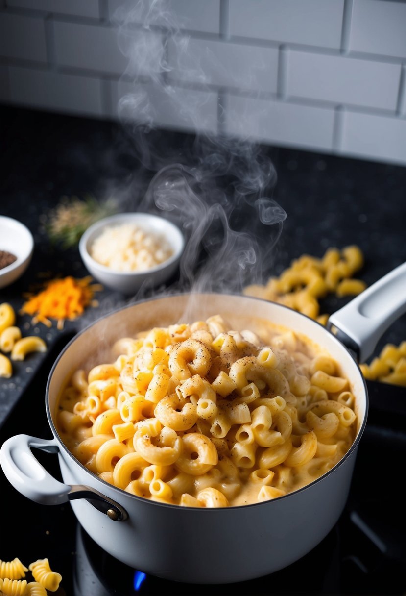 A steaming pot of creamy mac and cheese bubbling over a stovetop, surrounded by scattered ingredients like pasta, cheese, and seasonings